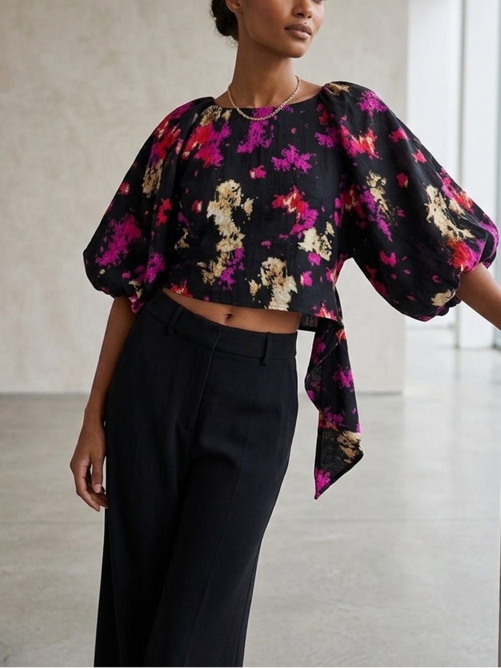 DKNY Abstract Watercolor Floral Puff Sleeve Blouse Black Pink Magenta❤️